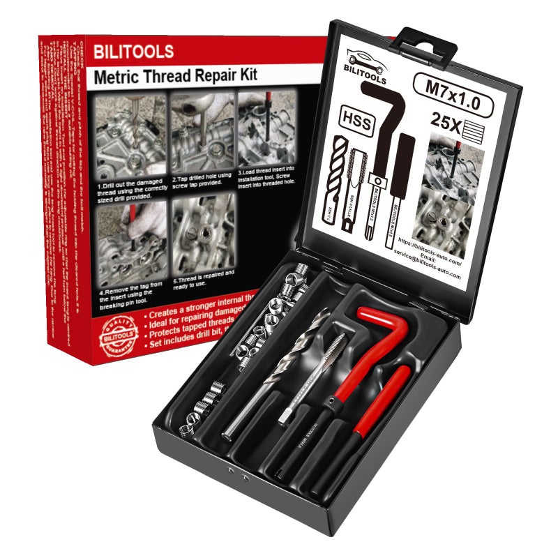 BILITOOLS M7x1.0 Helicoil Thread Repair Kit Metric, HSS Drill Heli Coil Repair Kit - Image 1